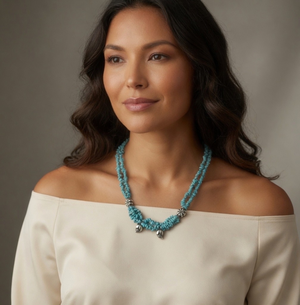 Multi-Strand Turquoise Chips Beaded Necklace with Silver Accents NWOT